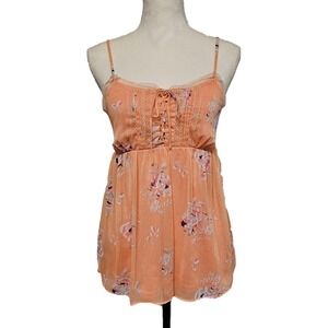 Candie's Coral Pink Floral Babydoll Spaghetti Strap Top Size M Y2K Fairy